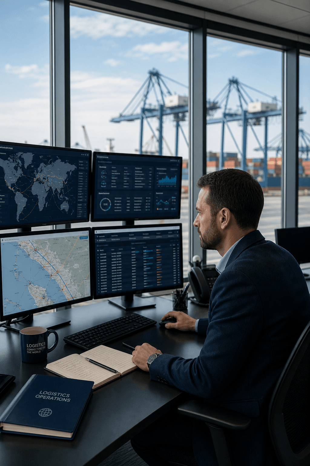 Operations manager reviewing logistics systems in a control room overlooking a container port