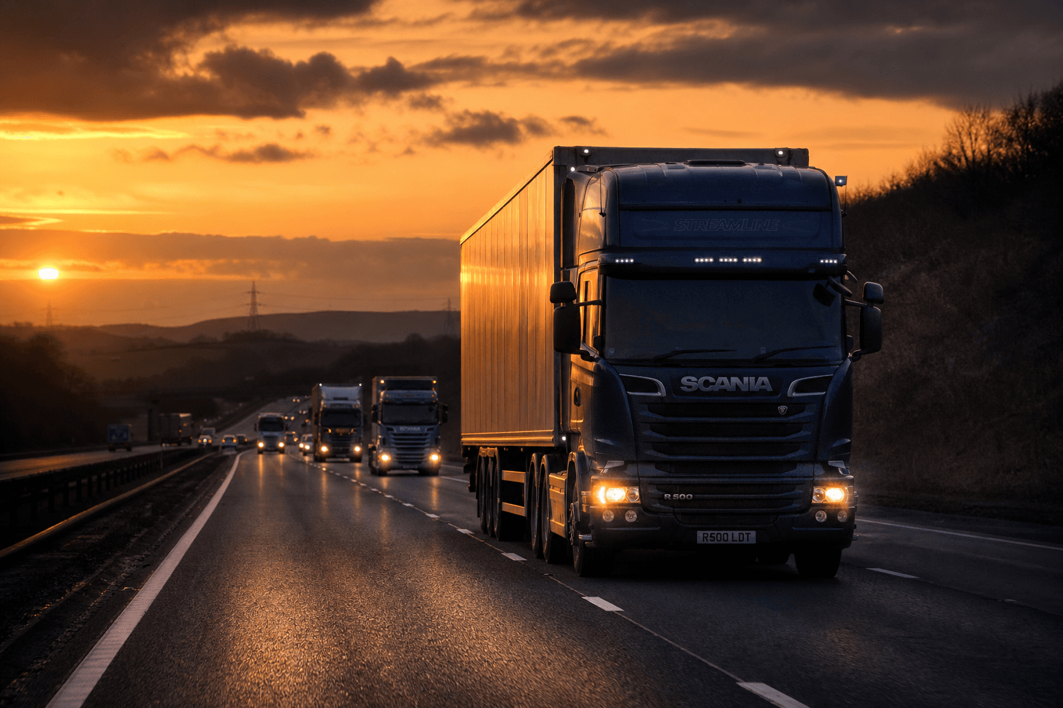 Fleet of HGV lorries on a UK motorway at sunset