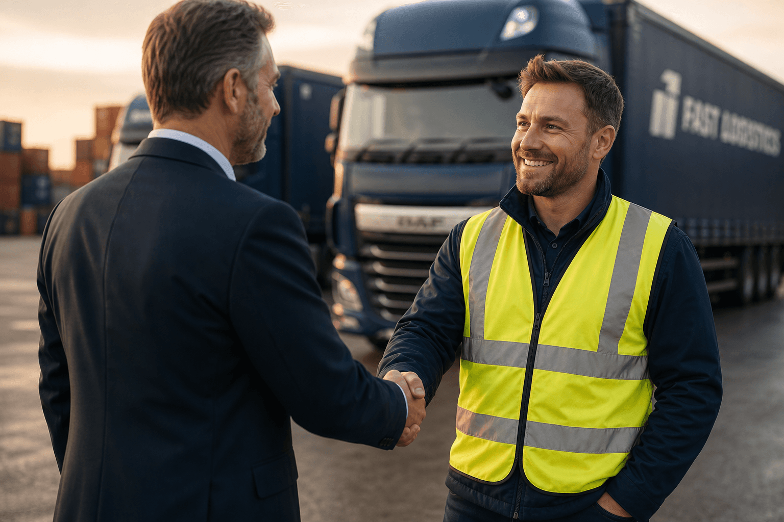 Business owner and partner shaking hands in a truck yard at golden hour