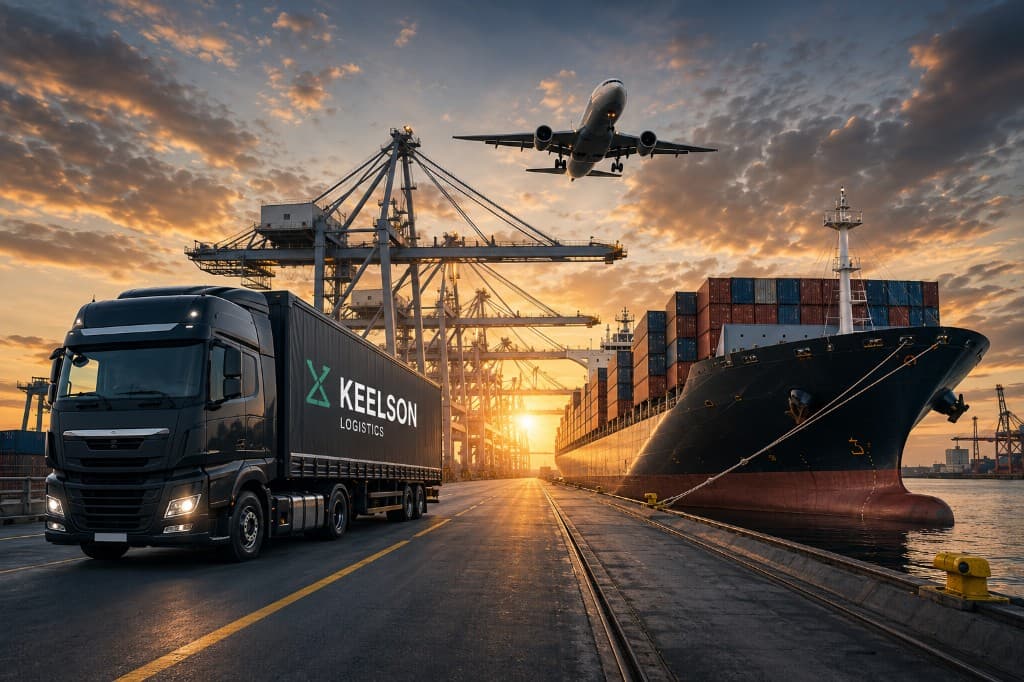 Keelson Logistics HGV at a container port at dusk, with a cargo ship and aircraft overhead