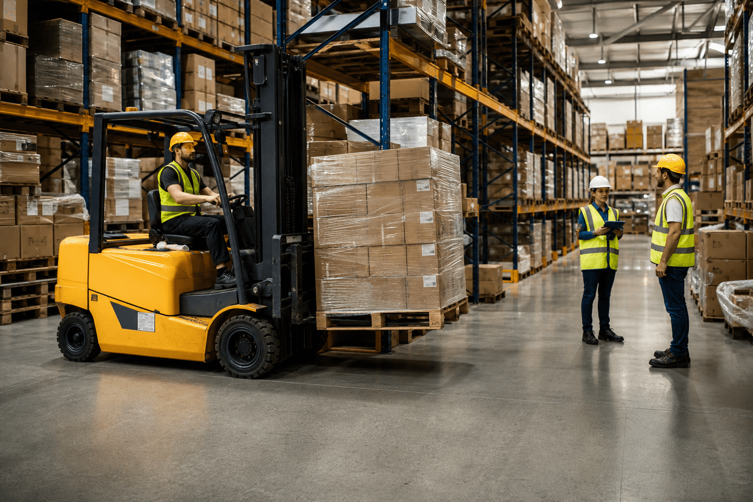 Forklift operator moving pallets on a busy warehouse floor